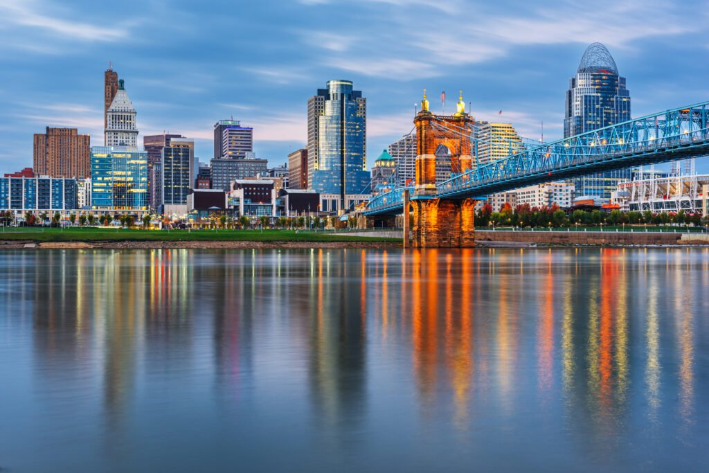 Cincinnati skyline over the Ohio River at dusk